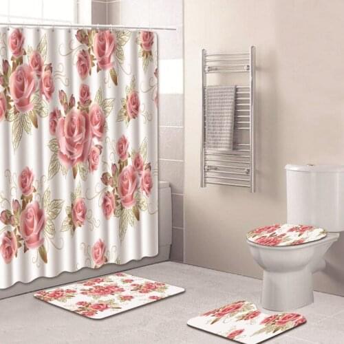 Floral Bath Mat Set 3D Printed Waterproof Shower Curtain With Hooks Absorbent Bathroom Cover Toilet Seat Carpet Home Floor Rugs