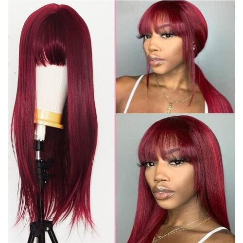 99J Silky Straight Synthetic Hair Wig with Bangs Heat Resistant Fiber Hair Full Machine Made Wig for Black Women Non Lace Wig