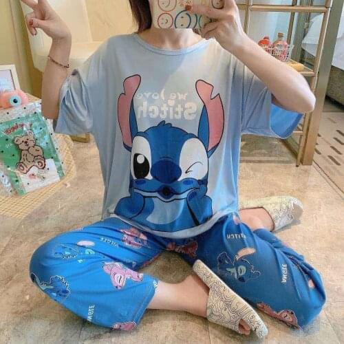 Disney Stitch Summer Pajamas WomensShort sleeve trousers Print Cute Cartoon Donald Duck Winnie Loose Home Suit Pajama Sets