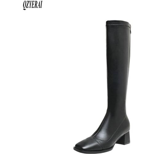QZYERAI New winter Knee high boots Genuine leather Women boots Motorcycle boots Square head Female boots warm Women shoes