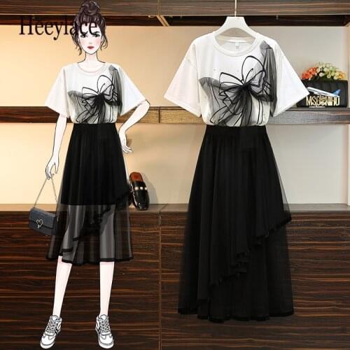 Plus size women Summer two piece set for women bow applique short sleeve t shirt top and irregular mesh skirts suits 2021 outfit