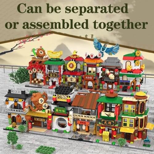 City Mini Street Cafe Food Retail Market Store Chinatown Architecture Building Blocks Bricks Sets Toys For Christmas Gifts