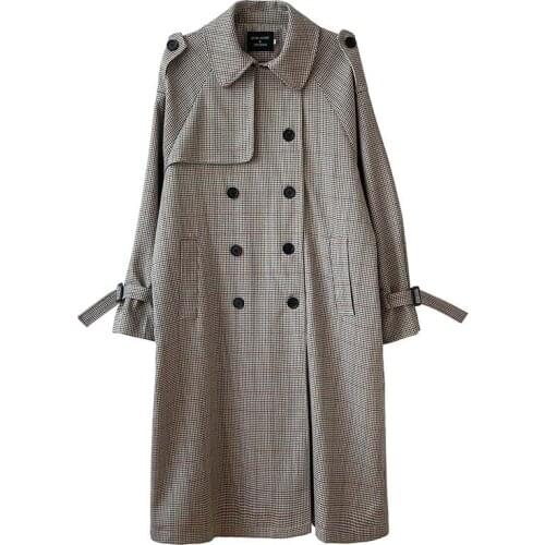 Trench Coat Windbreaker 2021 Autumn Winter Fashion Ladies Overcoats Korean High Quality Plaid Long Sleeve Double Breasted