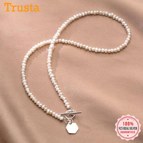 Trustdavis Luxury 925 Sterling Silver Fashion Freshwater Pearl Geometric Hexagon Necklace for Women Mothers Day Jewelry DA2001