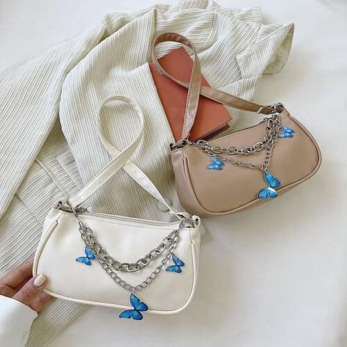Vintage Women Butterfly Double Chain Shoulder Underarm Bag Casual Solid Color Small Handbag Purse PU Leather Elegant Square Bags