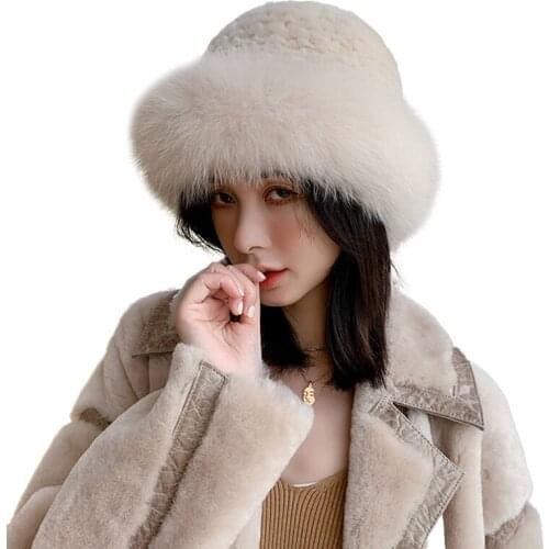 Knitted Caps Real Rex Rabbit Fur Hat Casquette Real Fox Fur Trim Fluffy Winter Warm Fur Women Beret Female Hats TZ8636