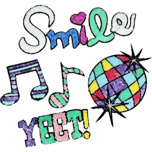 Smile YEET Logo Musical Note Sequin Patches for Clothing Iron on Letters Embroidery Patch Beaded Applique Clothes Decorative JOD