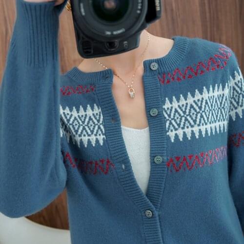 Jacquard Cashmere Cardigan Womens Wool Knitted Thicken Jacket Sweater Round Neck Korean Retro Outer Large Size Knitted Sweater