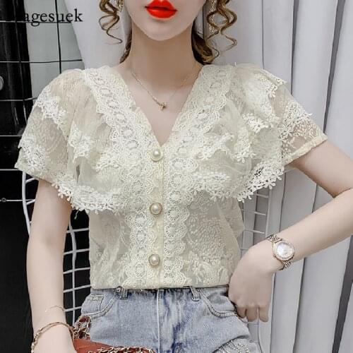 Korean Elegant Chic Crochet Lace Chiffon Shirt Women Ruffles Short Sleeve Summer Blouses Tops Lady Fashion Clothing Blusas 14174