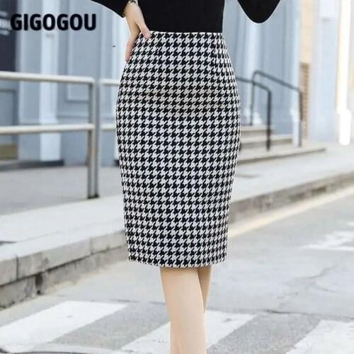 GIGOGOU Houndstooth Elastic Band Women Skirts Autumn Winter Warm Knitted Pencil Bodycon Skirt Ribbed Midi Sweater Skirt Split Up