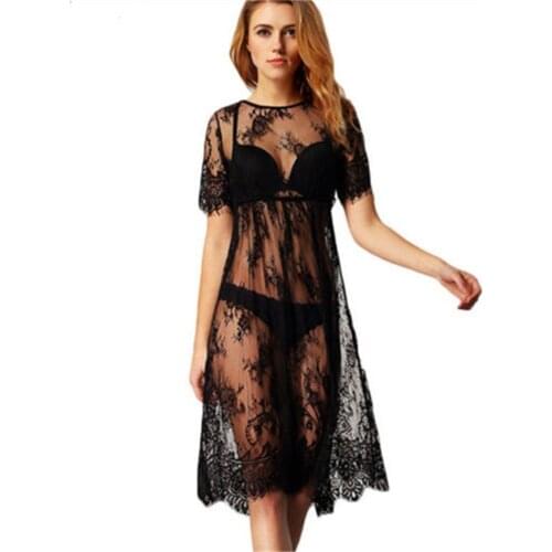 Exy Women Summer Dress Beachwear Perspective Lace Halter Short Sleeve Knee-Length dress Crochet Bikini Summer Swimsuit Cover Up