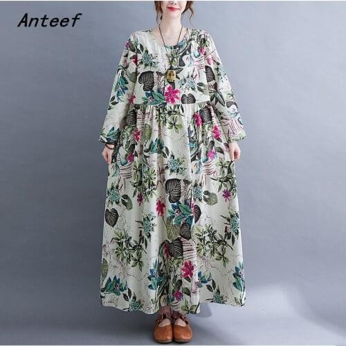 Anteef long sleeve cotton vintage floral dresses for women casual loose woman summer spring autumn dress elegant clothing 2021