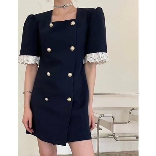 Vintage Square Collar Double-breasted Straight Dress for Women Lace Stitched Short-sleeved Dresses Vestido Feminino