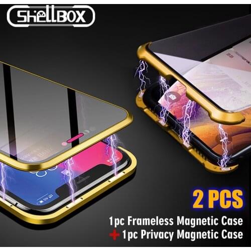 SHELLBOX 2Pcs Privacy Magnetic Case and Rimless Magnetic Case Coque Glass Antispy Protective Case Cover For iPhone 7 8 XR XS Max