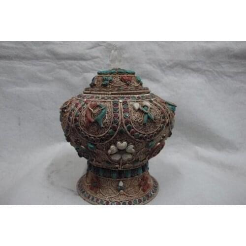 8 Tibet Copper Silver inlay Ruby beryl gemstone 8 treasures earthen jar Pot Vase