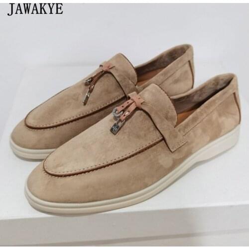 New Soft Suede Women Slip-on Ballet Flats Comfort Round Toe Metal Lock Decor Loafers Edge Sewing Outdoor Driving Shoes Woman