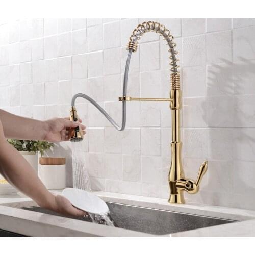 Free ship Modern Tall/High Pull-out/Pull-down ti-gold pvd color Sprayer kitchen mixer tap single hole /handle