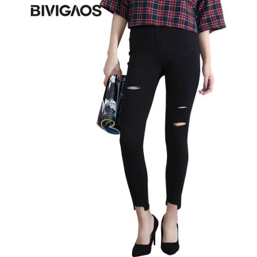 BIVIGAOS Summer New Women Hole Leggings Slim Ankle Notch Ripped Pencil Pants High Elastic Thin Woven Legging Trousers Women