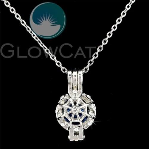Shiny Rhinestone Spider Web Beads Pearl Cage Perfume Diffuser Pendants Locket Necklace K1062