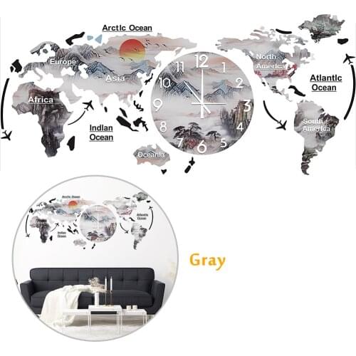Large World Map Clock Creative DIY Punch-free Wall Watch Acrylic Stickers World Silent Living Room Oversized Horloge Home Decor