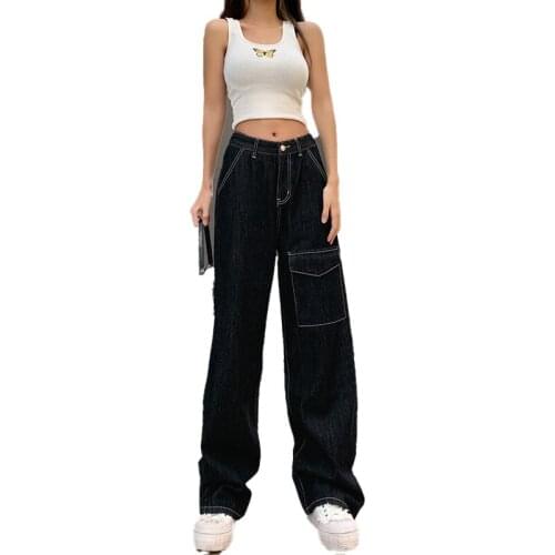 Spring Autumn Women Baggy Jeans Korean Fashion High Waist Straight Leg Jeans Woman Casual Loose Big Pockets Black Denim Pants