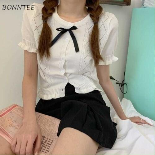 T-shirts Women Bow Kawaii Knitted Preppy Style Japanese Stylish Students All-match Lovely Chic Tops O-neck Short Sleeve Female