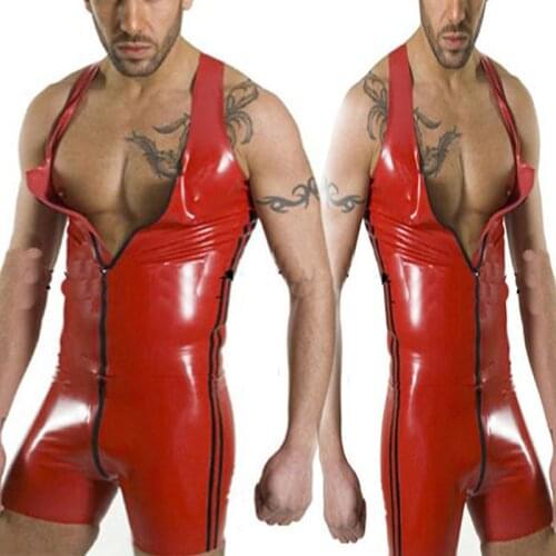 Catsuit Faux Leather Men Jumpsuits Red Stretch PVC Bodysuits Sexy Bodycon Open Crotch Zipper Erotic Leather Bondage Boxers