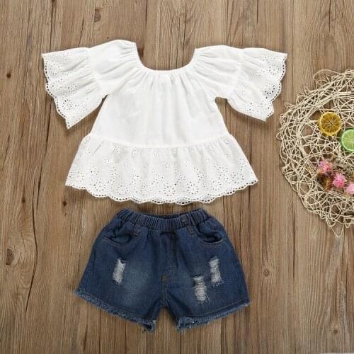 Little Girls Summer Ruffles Sleeve Shorts Set Fashion Solid O Neck T-shirt With Ripped Denim Short Pants Sweet Suit for 2-5Y