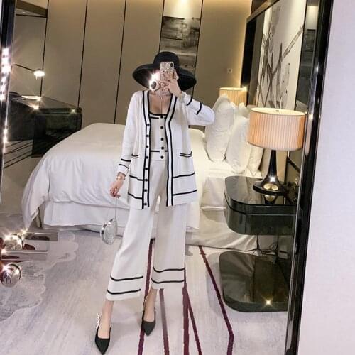 Womens Three Pieces Clothing Set Elegant Knitted Wide Leg Pants Ankle Length Pants + V Neck Single Breasted Jacket Cardigan