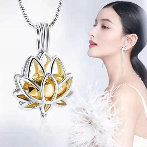 Cremation Jewelry Urn Pendant Necklace Hollow Urn Ashes Lotus Flower Shape Souvenir Gift for Loved Ones 304 Stainless Steel