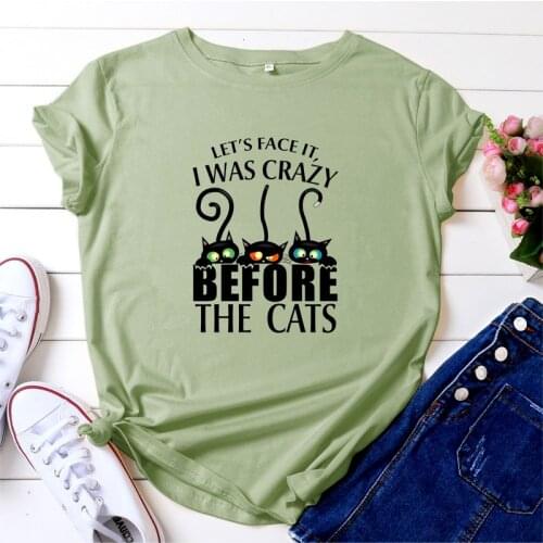 Summer Women T Shirt Plus Size Cotton Funny Cats Letters Print Short Sleeve Oversized Kawaii Tshirts Casual Graphic Tee Tops
