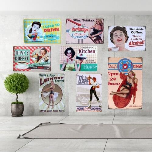 Retro Metal Poster Sexy Women Vintage Tin Signs Laundry Kitchen Coffee Drink Cake Painting Wall Decor Iron Sticker YN047