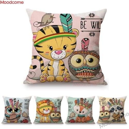 Woodland Animals Cartoon Baby Nursery Art Pillow Case Cute Forest Animal Lion Raccoon Owl Fox Kids Room Decoration Cushion Cover