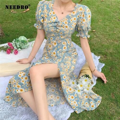 NEEDBO Women Summer Dress Elegant Oversize Floral Sexy Dress 2020 Puff Sleeve Korean Vestidos Boho Holiday Ladies Party Dresses