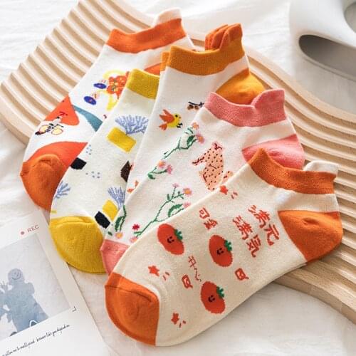 5 Pairs Set Women Socks Pattern Print Summer Cute Colorful Ankle Funny Cartoon Cotton Casual Invisible Slipper Chinese Girl Lot