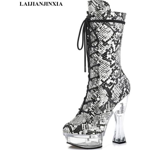 LAIJIANJINXIA New Snake Print Platform Boots Stripper Heels Short Boots Pole Dance Shoes Party Nightclub High Heels Women Boots