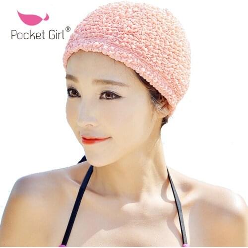 Pocket Girl Solid Women Swimming Cap For Long Hair Ruched Ear Protection Swim Caps For Female Fold Swimming Cap High Elasticity