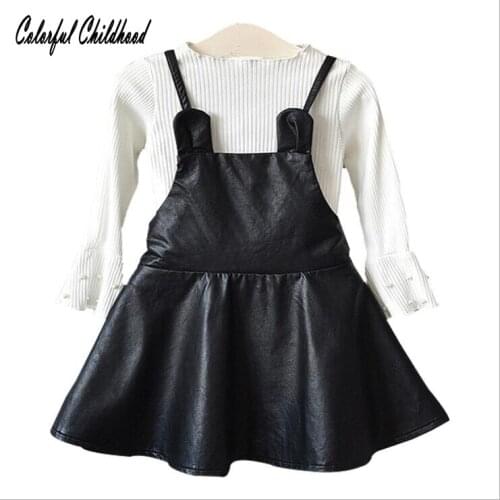Autumn Spring Toddler Kids Girls 2pcs Sets Leather Sling Dress+White Blouse Clothes Christmas boutique Clothes suit for 2-7t