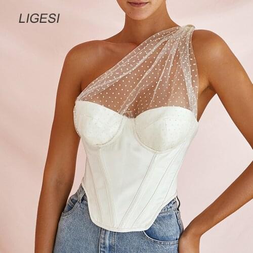 Sexy One Shoulder Lace Hollow Out Crop Top Women Backless Camis Summer Tops Female Festival White Bustier Top Streetwear