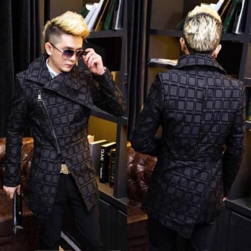 Plaid Slide Zipper Trench Coat Fleece Inside Winter Coat Big Turn Down Collar Irregular Length Jacket Coat Men Slim Fit outfit