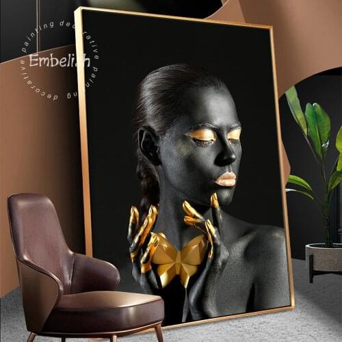 Embelish Black African Woman With Golden Fingers Home Decor Wall Art Posters For Living Room HD Print Canvas Paintings Pictures