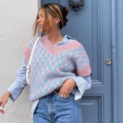 Streetwear Fahion Plaid Contrast Knitting Sweater Vest Sleveeless Sweet Knitted Vest Women Vintage Winter Pullover Female Top