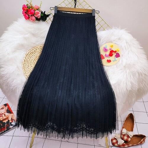 Elastic High Waist Lace Skirts Women Spring Summer Skirt 2021 Korean Elegant Casual A-line Black Apricot Long Maxi Skirts