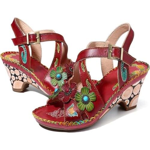 Retro Women High-Heeled Sandals Leather Mixed Colors Ankle Buckles Chunky Pumps 2021 New Handmade Flower Sewing Ladies Sandalias