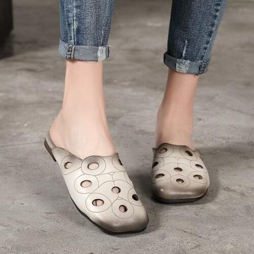 2021 New Retro Gradient Color Leather Flat Sandals and Slippers Handmade Hollow Slippers Literary Womens Shoes