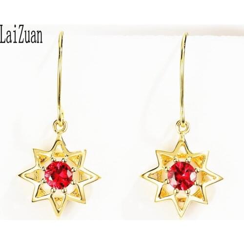 LaiZuan Real 14k Yellow Gold Certified Round 0.2ct Genuine Natural Ruby Drop Earrings women Wedding Trendy Elegant Party Jewelry
