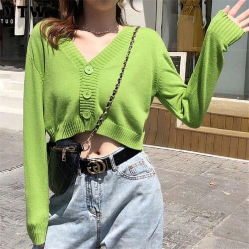 Women Autumn Long Sleeve Sweater Cardigan Vintage Korean V-Neck Button Knitted Outerwear 2021 Casual Solid Cropped Tops