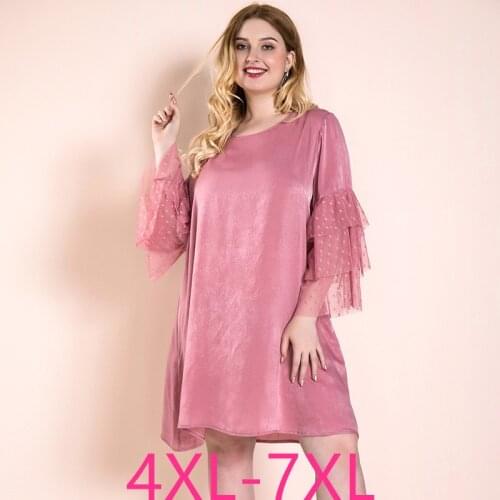 Female spring autumn plus size dress for women large loose elegant casual pagoda long sleeve lace O neck dresses 4XL 5XL 6XL 7XL