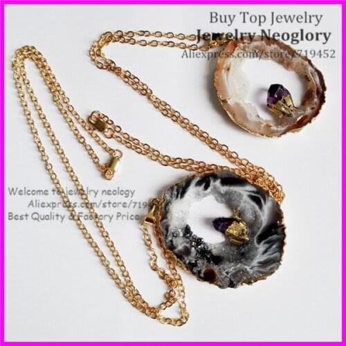 5pcs Natural Geode Stone Slice Druzy Pendant Necklace,24K Gold color Edge Druzy Leopard Stone Pendant with CRYSTAL in Middle