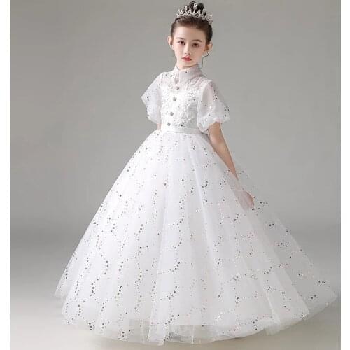 Ball Gown White Sequins Floor-Length High Neck Short Sleeves Fashion Kids Party Communion Dresses Girl Dresses For Weddings